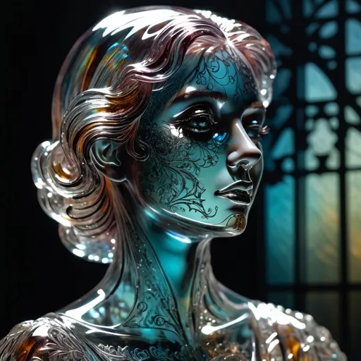 Prompt: (detailed vibrant transparent glass sculpture of a woman), intricate details, surreal atmosphere, (gothic background), moody and enigmatic ambiance, sober colors with muted tonalities, high transparency and light refraction effects, ultra-detailed texture of the glass, dramatic shadows adding depth, captivating yet haunting composition.