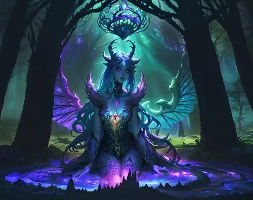 Prompt: Scene with various mythical creatures gathered together, a captivating fantasy entity, a unique hybrid of various folklore legends, set against an enchanting backdrop, intricate detailing, ethereal colors, (mystical atmosphere), vibrant hues blending naturally, radiant and otherworldly lighting, (ultra-detailed), showcasing its impressive features, reflects the magic of folklore, ranging landscapes filled with mystical elements.