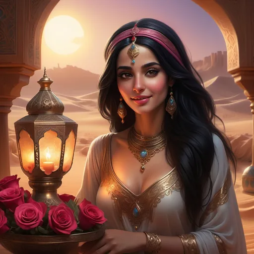 Prompt: (Genie of the lamp), Arabian woman, (soft smiling expression), black hair, adorned with sans roses, (ethereal glow), magical ambiance, rich textures, warm color tones, enchanting atmosphere, detailed background of mystical desert landscape, (highly detailed), vibrant colors, (cinematic masterpiece), ultra-detailed, captivating elegance.