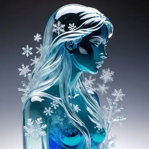 Prompt: (detailed vibrant transparent glass sculpture of a woman with snow flakes) glacial atmosphere, vibrant colors and long hair.