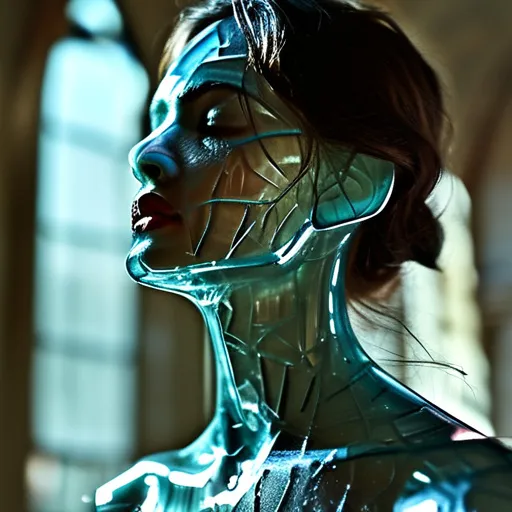 Prompt: Eathetic of shatter me, (detailed vibrant transparent glass sculpture of a woman), intricate details, surreal atmosphere, (gothic background), moody and enigmatic ambiance, sober colors with muted tonalities, high transparency and light refraction effects, ultra-detailed texture of the glass, dramatic shadows adding depth, captivating yet haunting composition.