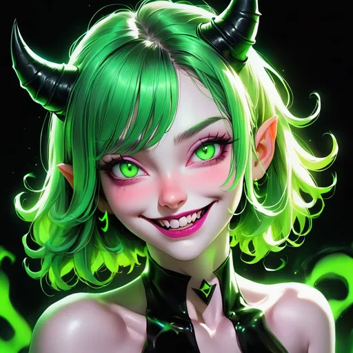 Prompt: (central content: a mischievous woman), (black and green hair), (detailed neon green eyes), (devil features), (small horns protruding from her head), (white skin), (light smile), (playful and naughty expression), (dramatic high contrast lighting), (vibrant neon colors), (intricate details), (ultra-detailed HUD), (magical swirling atmosphere), (bold and expressive background)