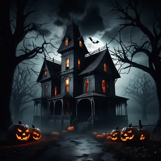 Prompt: (Spooky haunted house), eerie shadows, sinister atmosphere, (dark and chilling ambiance), creeping fears come alive, twisted shapes in the corners, cobwebs hanging, ominous lighting, cold tones with dim contrasts, (highly detailed), (intricate textures), (4K resolution), phantasmagoric elements lurking, Halloween spirit, every corner holds danger, thrilling and terrifying scene.