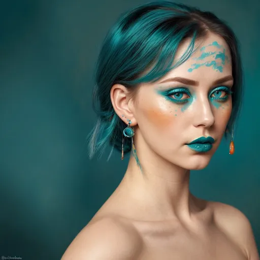 Prompt: (teal hairstyle), (blue eyes), (teal lipstick), piercings. vibrant orange watercolor background, high detail, elegant pose, serene expression, soft lighting, artistic blend of colors, focusing on facial features and makeup, ultra-detailed portrait, emotive ambiance, capturing artistic essence, harmonious color contrast.