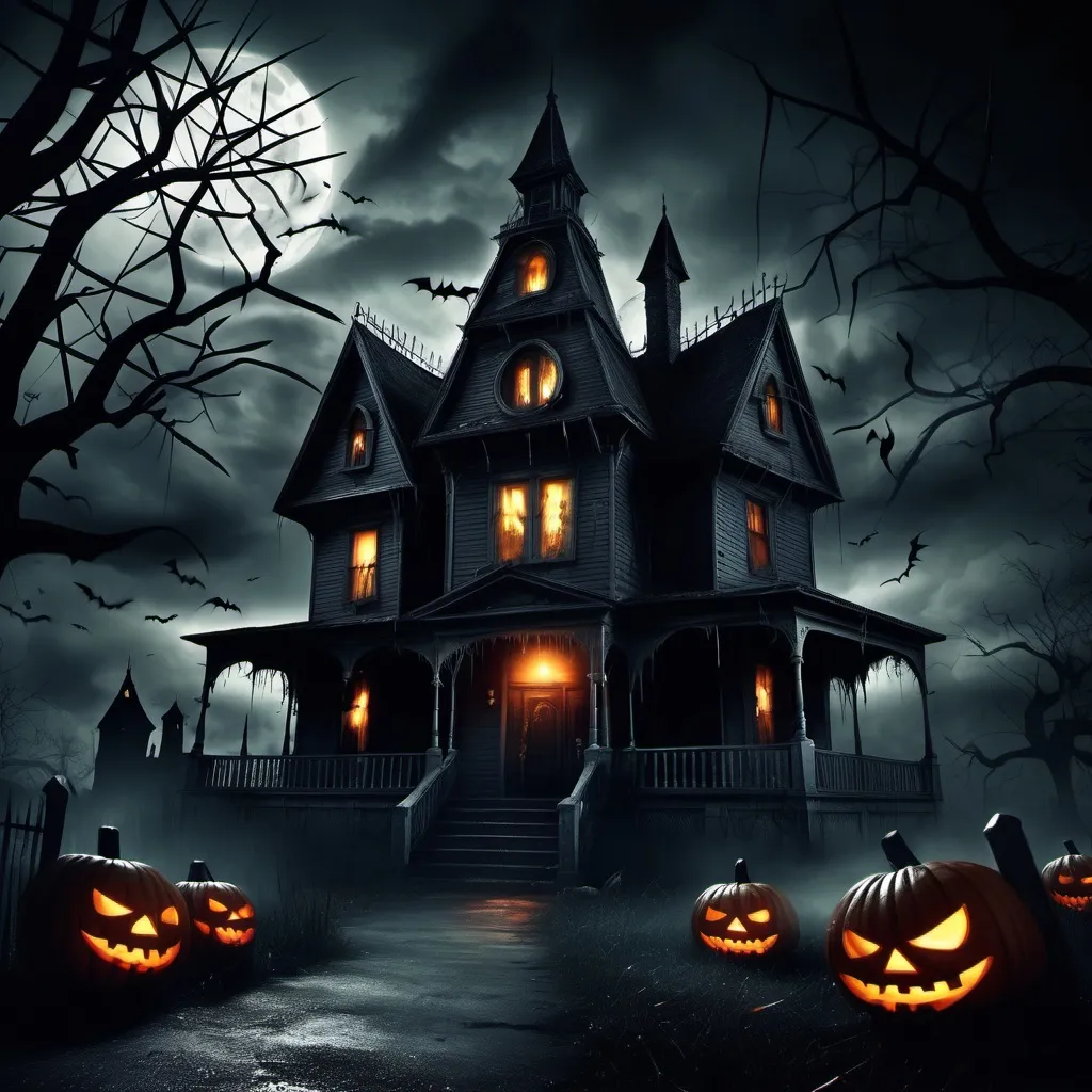 Prompt: (Spooky haunted house), trick or treat, eerie shadows, sinister atmosphere, (dark and chilling ambiance), creeping fears come alive, twisted shapes in the corners, cobwebs hanging, ominous lighting, cold tones with dim contrasts, (highly detailed), (intricate textures), (4K resolution), phantasmagoric elements lurking, Halloween spirit, every corner holds danger, thrilling and terrifying scene.