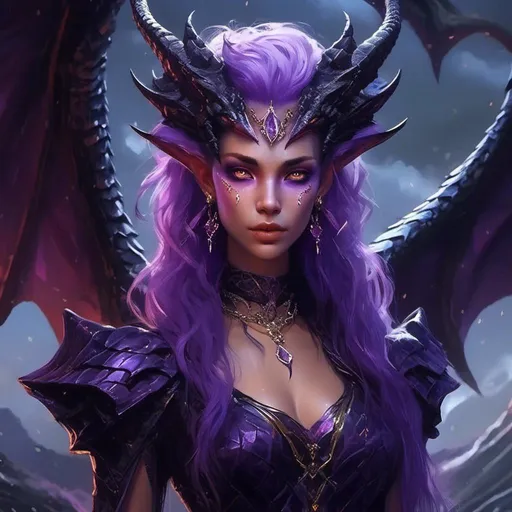 Prompt: <mymodel> create a woman with purple hair and elf ears, diamond eyes, black dress, divine, purple lightning around her, she has a black dragon over her head. The dragon has many spikes and looks mean.