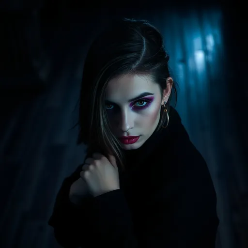 Prompt: (gothic art), woman with (striking purple makeup), wearing a (black jacket) draped over her head, (mysterious gaze) directed at the camera, (dramatic dark colors), (moody ambiance), rich textures, (ultra-detailed wooden floor) in the background, evoking an eerie yet captivating vibe, (high quality) image, beautifully composed and expressive.