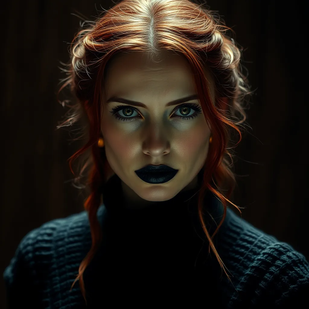 Prompt: (woman with red hair and black lipstick), (renaissance style), wearing a black shirt and black sweater, colorized photo, striking facial features, dramatic lighting, deep shadows, high contrast, intricate details, emotional expression, antique ambiance, vintage feel, high-quality image, ultra-detailed, capturing the essence of elegance and artistry, cinematic tones.