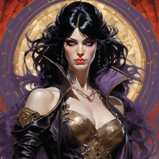 Prompt: create an image of a woman with black hair and purple eyes, wearing leather, good looking in  <mymodel> artstyle by Anders Zorn and Joseph Christian Leyendecker