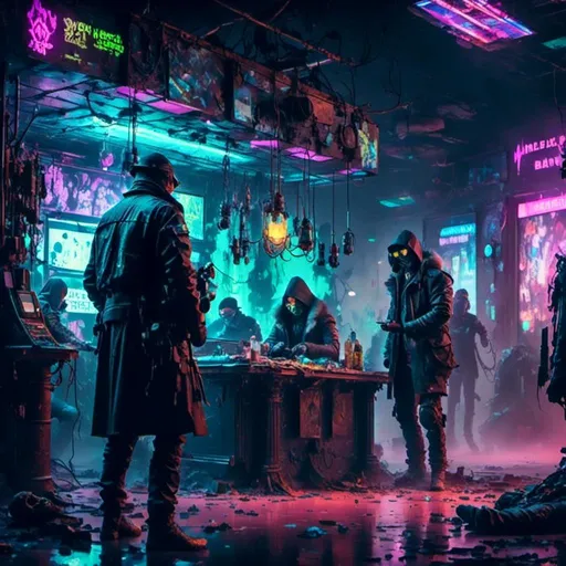 Prompt:  <mymodel> (cyberpunk dark horror style), men, mysterious atmosphere, richly detailed background with shadows and neon elements, bank robbery, police (HD, ultra-detailed).