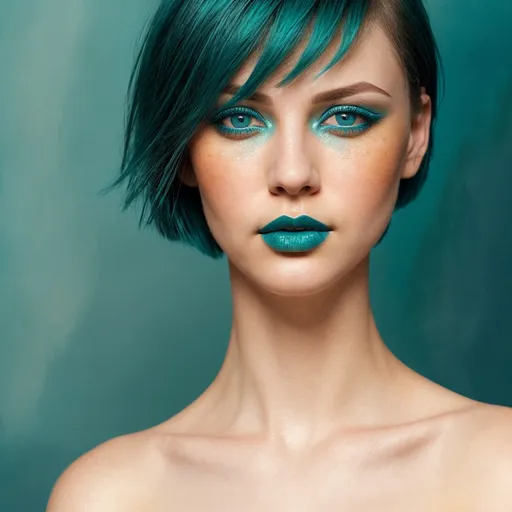 Prompt: (teal short hairstyle), (blue eyes), (teal lipstick), vibrant orange watercolor background, high detail, elegant pose, serene expression, soft lighting, artistic blend of colors, modern and stylish vibe, focusing on facial features and makeup, ultra-detailed portrait, emotive ambiance, capturing artistic essence, harmonious color contrast.