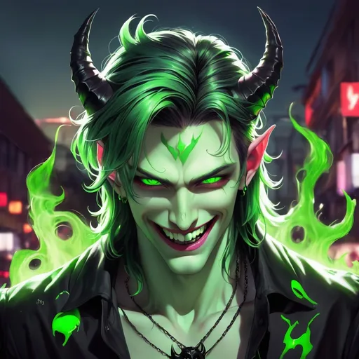 Prompt: create a man with black and green hair, devil, horns, white skin, detailed neon green eyes, light smile and naughty