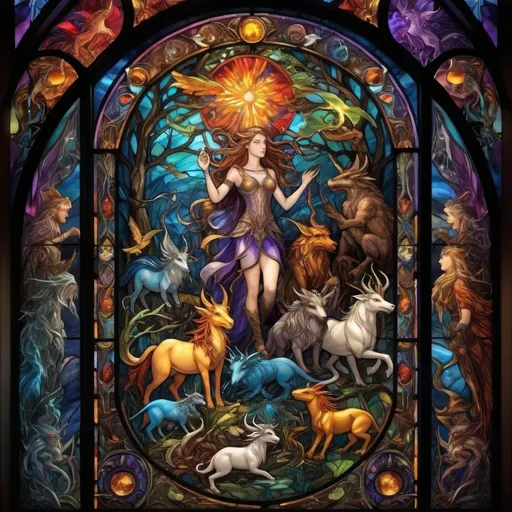 Prompt: Scene with various mythical creatures gathered together, a captivating fantasy entity, a unique hybrid of various folklore legends, set against an enchanting backdrop, intricate detailing, ethereal colors, (mystical atmosphere), vibrant hues blending naturally, radiant and otherworldly lighting, (ultra-detailed), showcasing its impressive features, reflects the magic of folklore, ranging landscapes filled with mystical elements.