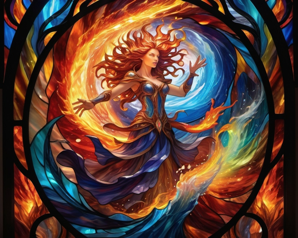 Prompt: (ultra-detailed image) Maelstrom of elemental fusion, fantastical monstrosities, vivid and dynamic colors, swirling energy of fire, water, earth, and air, intricate details showcasing the fusion of mana energies, dramatic lighting reflecting elemental powers, ethereal atmosphere, intense and chaotic background depicting swirling vortex, high energy and motion, magic and wonder enveloping the scene.