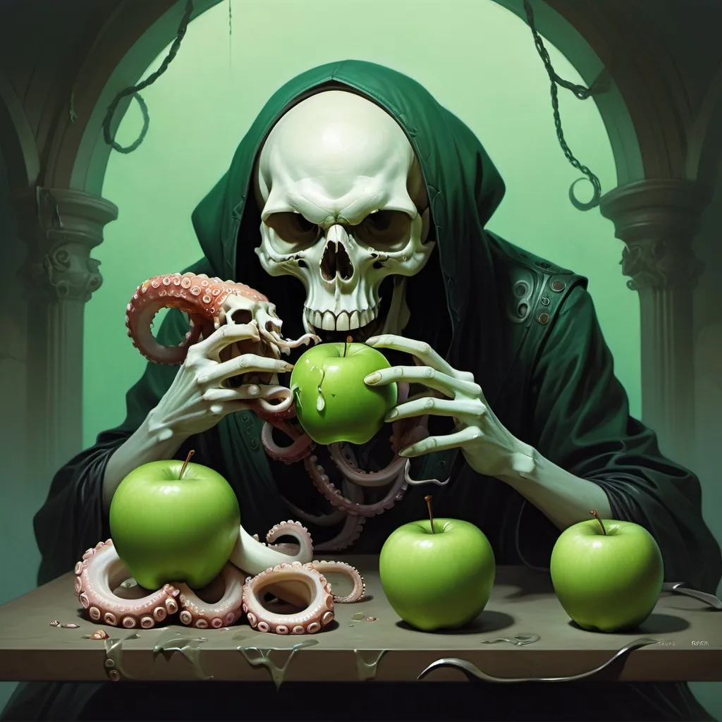 Prompt: A skull eating a green apple, octopus, Art of Brom, fantasy art, splash art, concept art