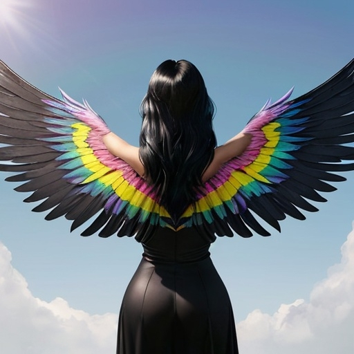 Prompt: a woman who is a winged Creature Viewed from the Back, long black hair, rainbow wing, sunshine and bright.