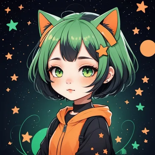 Prompt: Chibi kawaii cute cartoon illustration, orange outlines, a girl with green-black hair, saturated colors, stars around her, short hair, beautiful, cat ears on her head