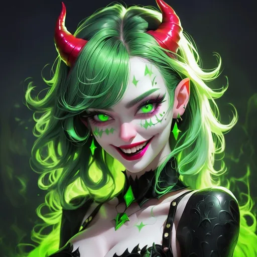 Prompt: create a woman with black and green hair, devil, horns, white skin, detailed neon green eyes, light smile and naughty 