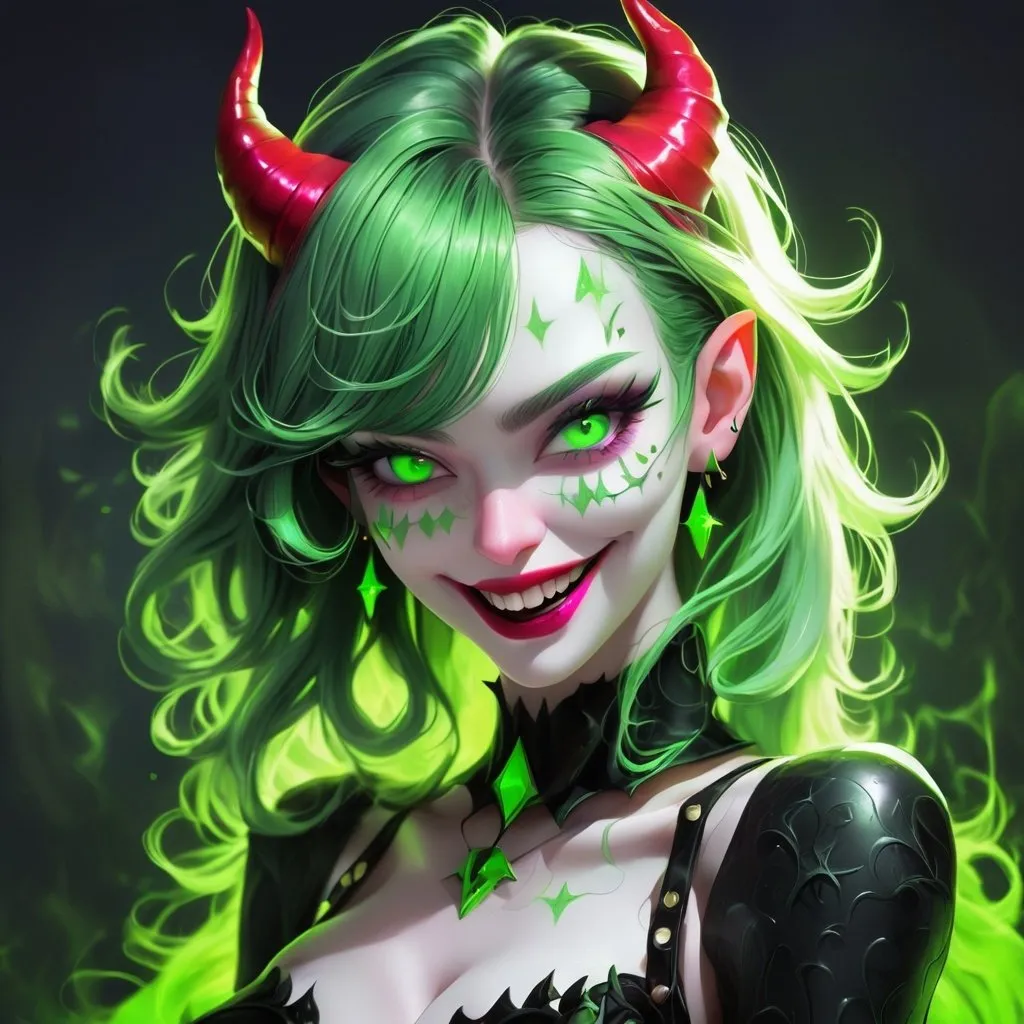 Prompt: create a woman with black and green hair, devil, horns, white skin, detailed neon green eyes, light smile and naughty 