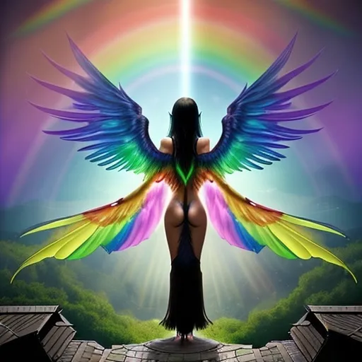 Prompt: (winged creature viewed from the back), long black hair, (vibrant rainbow wings), bright sunshine, (fantastical atmosphere), ethereal glow, whimsical setting, lush greenery, warm colors, cheerful ambiance, ultra-detailed, HD quality, enchanting background, capturing a delightful fantasy moment.