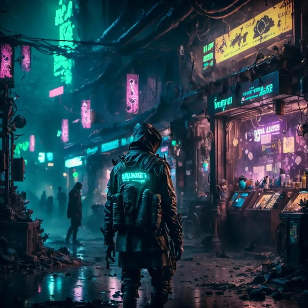 Prompt:  <mymodel> (cyberpunk dark horror style), man, mysterious atmosphere, richly detailed background with shadows and neon elements, bank robbery, police (HD, ultra-detailed).