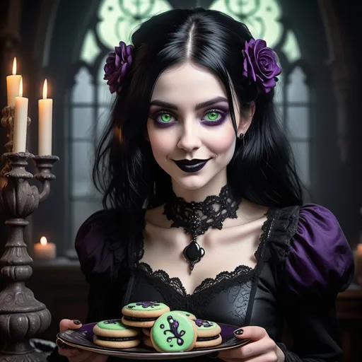 Prompt: (gothic woman), sharing a cookie, (black hair), (green eyes), (cheerful grin), dark and moody atmosphere, rich textures, soft lighting casting shadows, intricate Gothic attire, subtle hints of elegance, decadent cookies on a decorative plate, background featuring vintage Gothic elements, (4K ultra-detailed), harmonious color scheme of deep purples and blacks avec splashes of warmth.