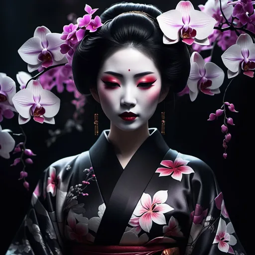 Prompt: (gothic geisha), surrounded by delicate orchids, haunting elegance, intricate details in kimono with dark, flowing fabric, rich textures, dramatic lighting casting deep shadows, vibrant contrast against soft petals, moody atmosphere, lush, blurred background, enhancing the mysterious allure, (ultra-detailed), evoking an enchanting and ethereal vibe.