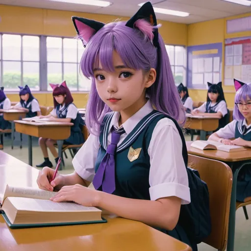 Prompt: (1990s anime screencap), a school girl with (purple hair), wearing a stylish uniform, displaying (cat ears), intently holding a book, surrounded by a vibrant classroom backdrop, dreamy atmosphere, evoking nostalgia, softly lit, capturing the essence of beloved anime styles, combining whimsical elements, high detail, ultra-detailed 4K quality.