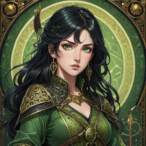Prompt: Anime illustration of a black-haired woman with dramatic lighting, detailed green with gold ornate cloth as an archer, detailed green eyes, tarot card style, highres, detailed, dramatic lighting, ornate cloth, gold details, green eyes, anime, tarot card, detailed hair