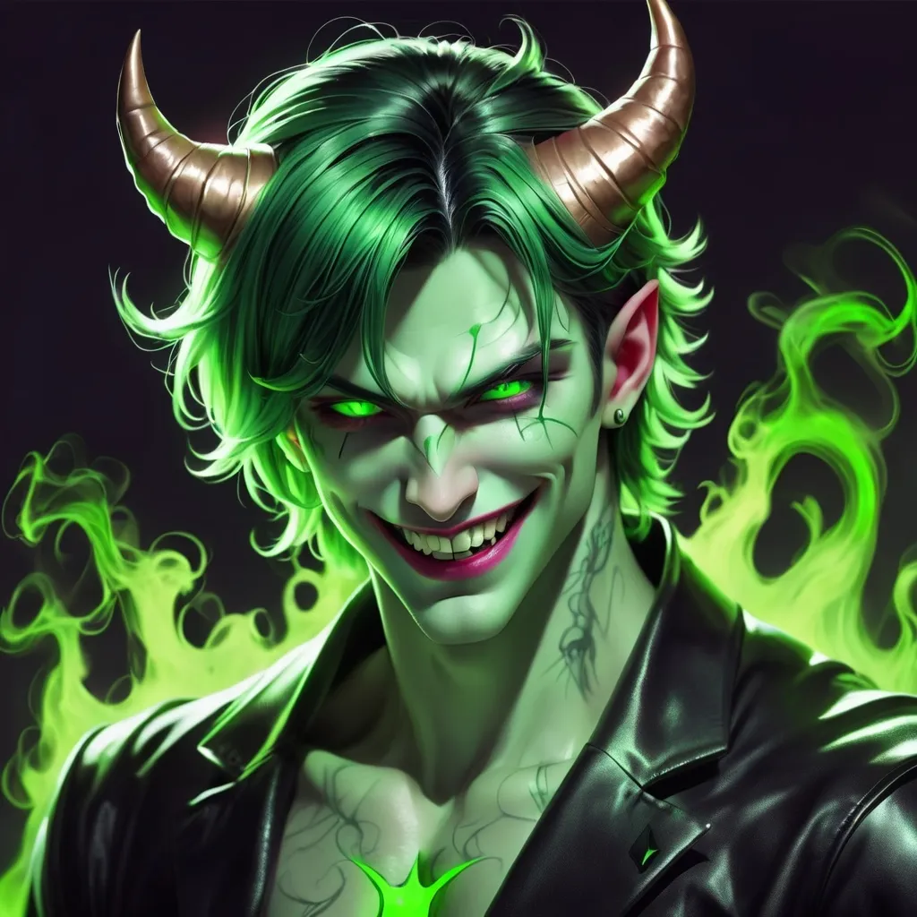 Prompt: create a man with black and green hair, devil, horns, white skin, detailed neon green eyes, light smile and naughty