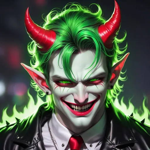 Prompt: create a man with black and green hair, devil, red horns, white skin, detailed neon green eyes, light smile and naughty