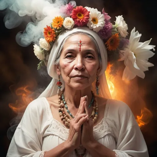 Prompt: old Curandera in white attire, mystical smoke, vibrant flowers, high quality, traditional art style, warm tones, soft lighting, detailed facial features, ethereal atmosphere, magical realism, healing energy, retro
