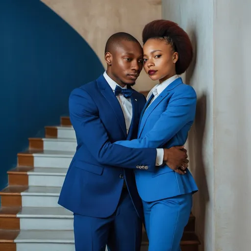 Prompt: a man and woman hugging each other in a room with stairs and a wall behind them, and a blue suit on, Chinwe Chukwuogo-Roy, private press, future, a picture