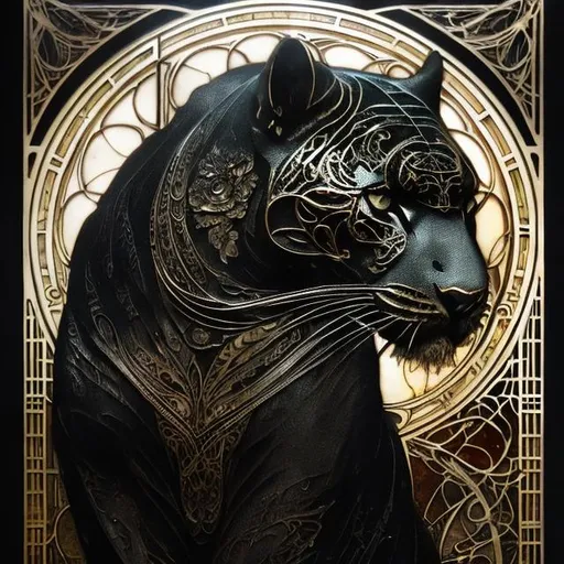 Prompt: Alphonse Mucha, Luis Royo, Ayami Kojima; full body splash art of a black jaguar, magical,  all black fur, detailed eyes, detailed face, elegant, intricate, details, detailed, hyperrealistic, splash art, realistic style, fantasy, elegant, highly detailed, smooth, chiaroscuro, sharp focus, artstation, digital painting, concept art, D&D, fantasy