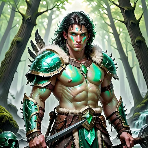 Prompt: Male, Aasimar barbarian, covered opalescent green skin, charcoal hair with emerald highlights, forest green eyes