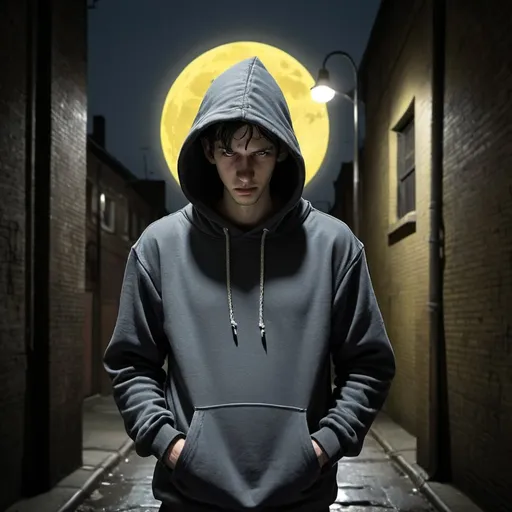 Prompt: Man in dark alleyway, dark grey hoodie pullover with grey pull strings, large yellowish moon overhead, dim yellowish streetlights, shadowed face, Robert Crumb style cartoon, somber mood, dimly lit, detailed clothing, moody lighting, 4k, detailed, somber, Robert Crumb style, dim yellow lighting, dark alleyway, yellowish moon