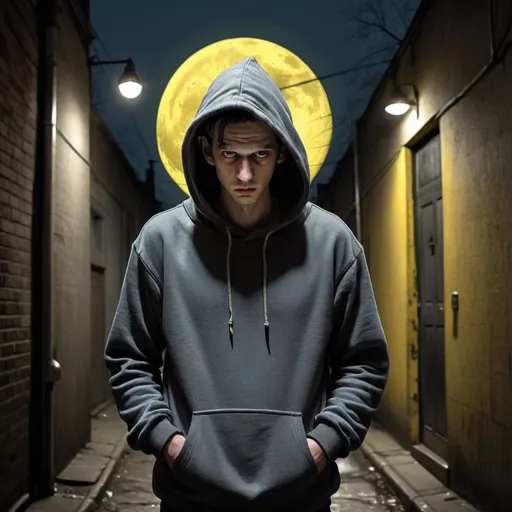 Prompt: Man in dark alleyway, dark grey hoodie pullover with grey pull strings, large yellowish moon overhead, dim yellowish streetlights, shadowed face, Robert Crumb style cartoon, somber mood, dimly lit, detailed clothing, moody lighting, 4k, detailed, somber, Robert Crumb style, dim yellow lighting, dark alleyway, yellowish moon