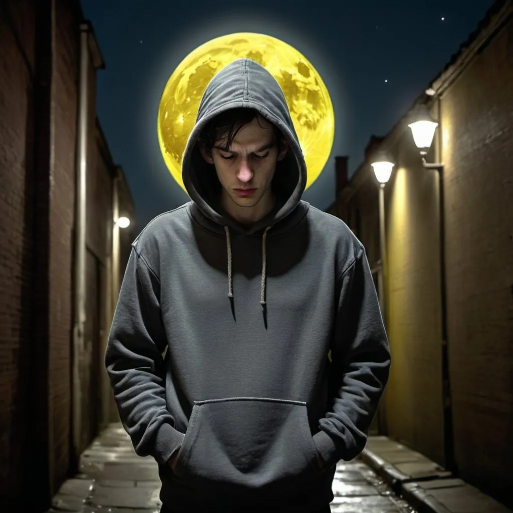 Prompt: Man in dark alleyway, dark grey hoodie pullover with grey pull strings, large yellowish moon overhead, dim yellowish streetlights, shadowed face, Robert Crumb style cartoon, somber mood, dimly lit, detailed clothing, moody lighting, 4k, detailed, somber, Robert Crumb style, dim yellow lighting, dark alleyway, yellowish moon