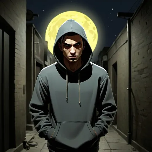 Prompt: Man in dark alleyway, dark grey hoodie pullover with pull strings, large yellowish moon overhead, dim yellowish streetlights, shadowed face, Hanna-Barbera cartoon, somber mood, dimly lit, detailed clothing, moody lighting