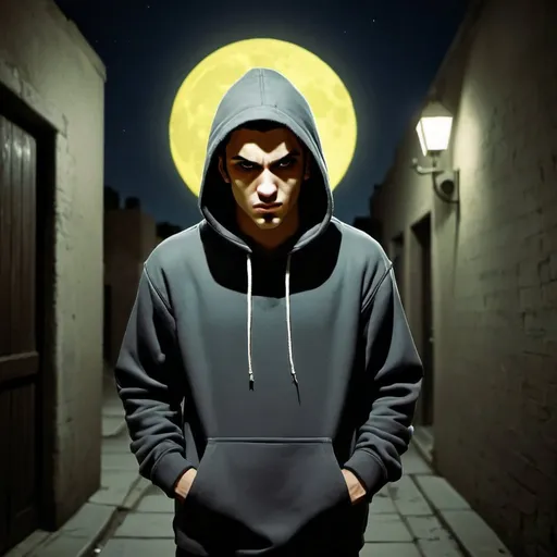 Prompt: Man in dark alleyway, dark grey hoodie pullover with pull strings, large yellowish moon overhead, dim yellowish streetlights, shadowed face, Hanna-Barbera cartoon, somber mood, dimly lit, detailed clothing, moody lighting