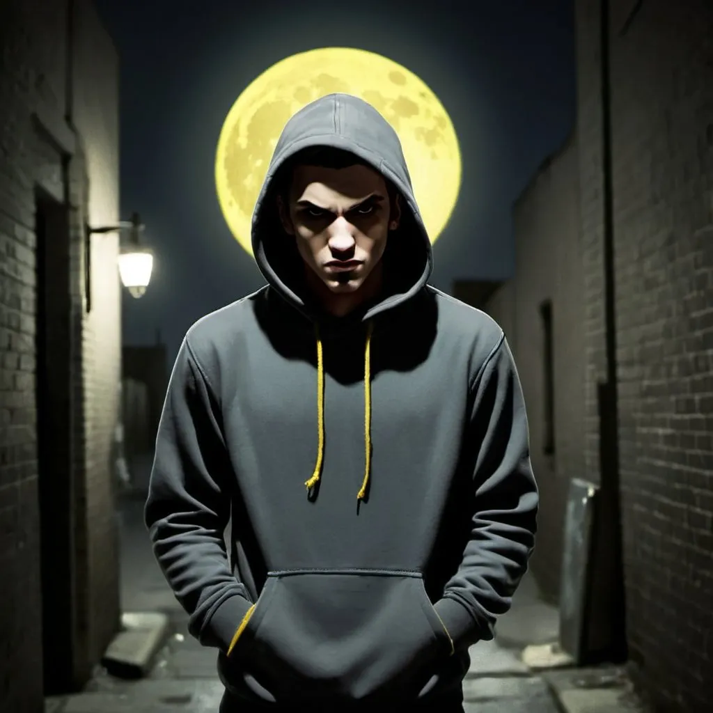 Man in dark alleyway dark grey hoodie pullover with