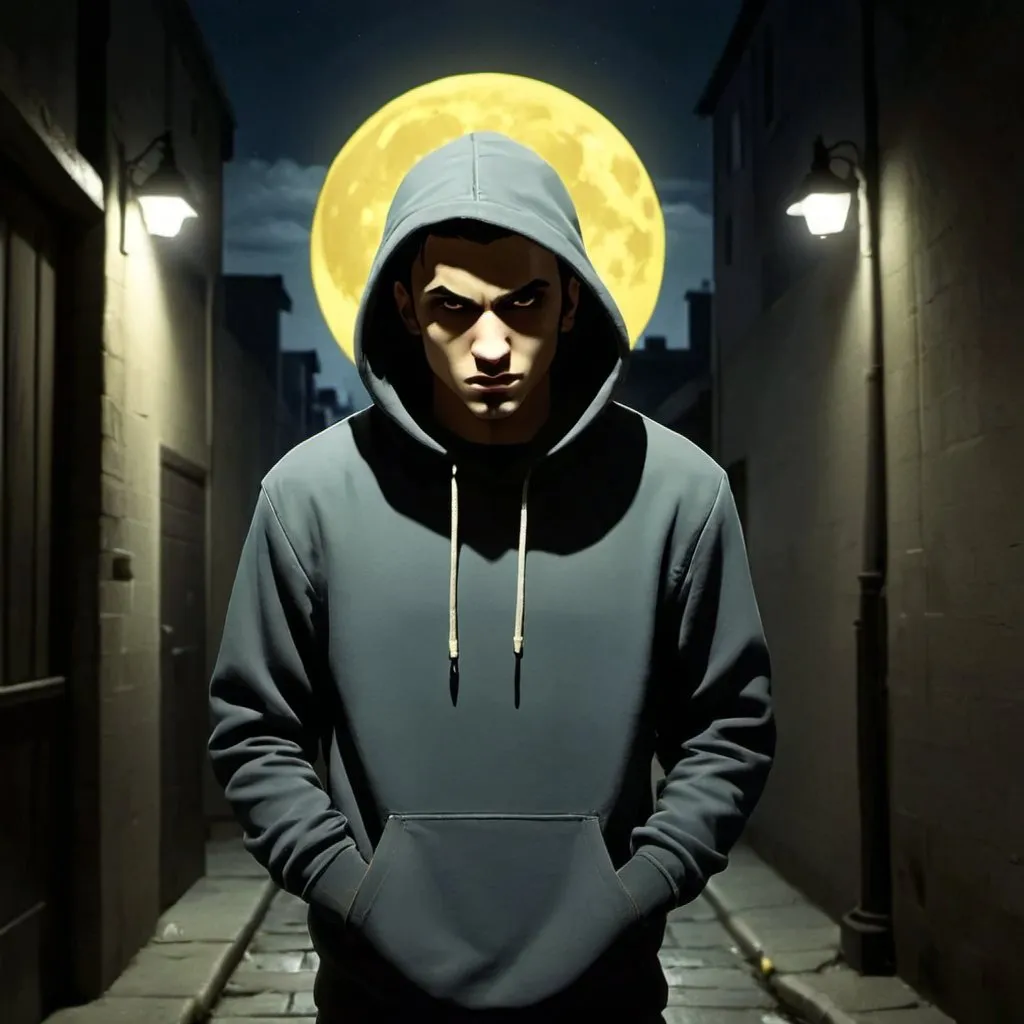 Prompt: Man in dark alleyway, dark grey hoodie pullover with pull strings, large yellowish moon overhead, dim yellowish streetlights, shadowed face, Hanna-Barbera cartoon, somber mood, dimly lit, detailed clothing, moody lighting