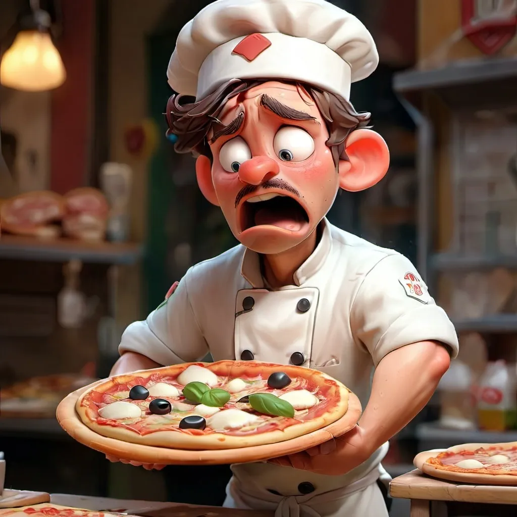 Prompt: Disney style pizza chef sad rushing around and looking flustered in a pizza shop in Munich Germany because there is limited supplies and too many orders