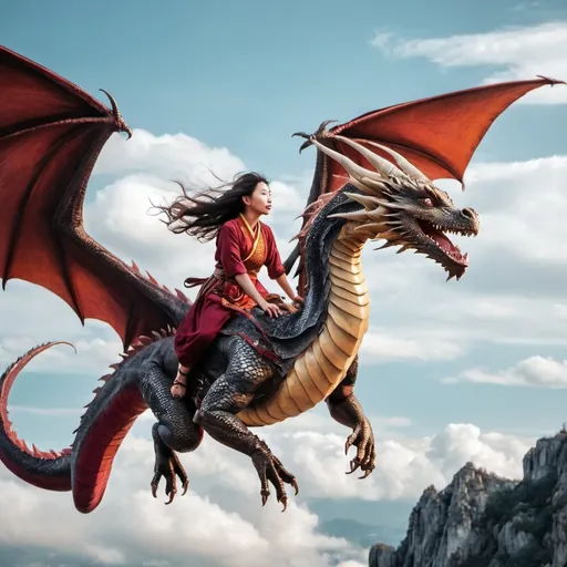 Prompt: a dragon women flying in the sky
