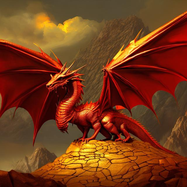 Prompt: A red dragon sitting on a mountain of gold, digital art