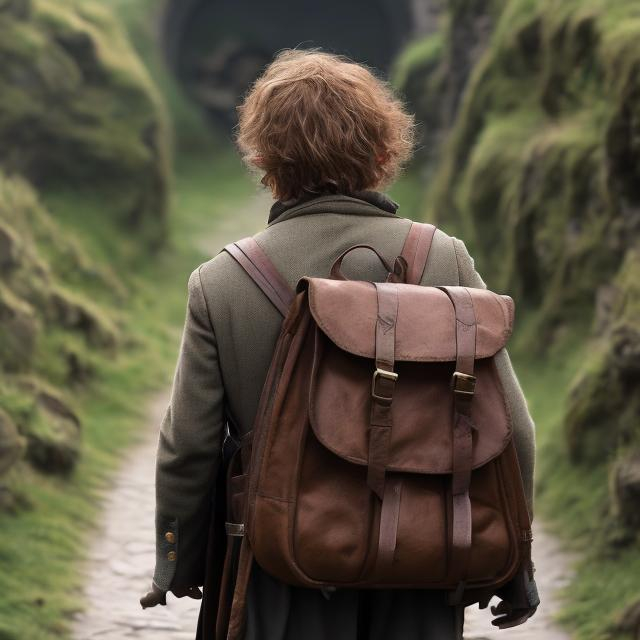 Prompt: Bilbo baggins carrying a big backpack, back view, professional photography, 4k