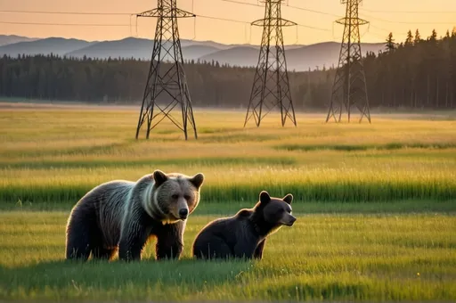 Prompt:  Power line towers in a grassy field with a mama and baby bear laying down the grass at the dawn of day.
