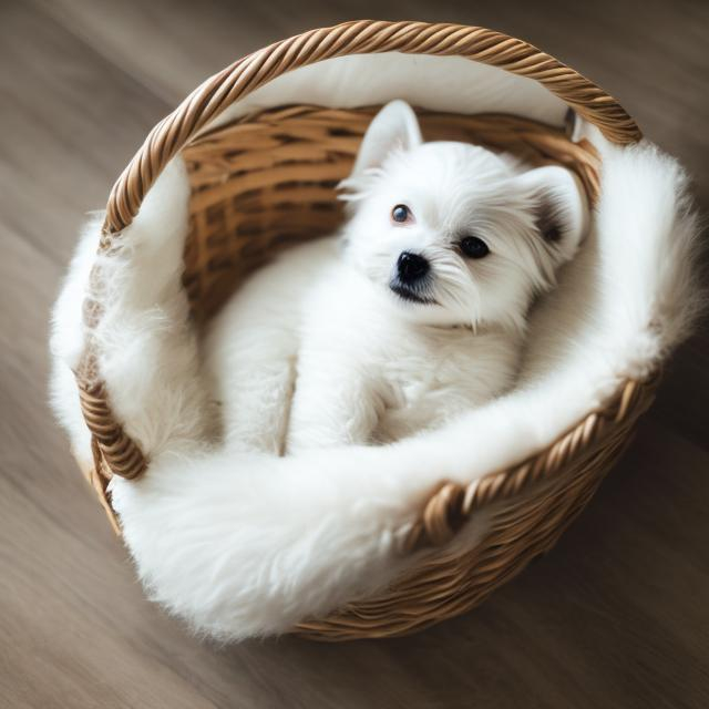 Prompt: White dog sleep in basket