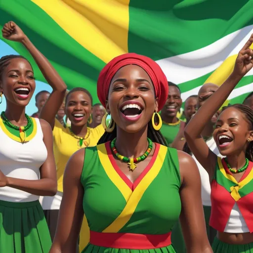 Prompt: A image of people of african descent  from Guyana celebrating emancipation show the sign for power, use the colors of guyana flag. must have the words "Happy Emancipation" Do not use any flag from africa