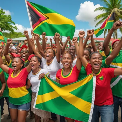 Prompt: A image of people of african descent  from Guyana celebrating emancipation show the sign for power, use the colors of guyana flag. must have the tag  "Happy Emancipation " written on the image. Do not use any flag from africa